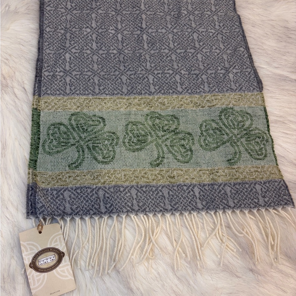 Aran Sweater Market NWT Pure Wool Blend Scarf Gray Green Celtic Fringe Ireland - Picture 2 of 8